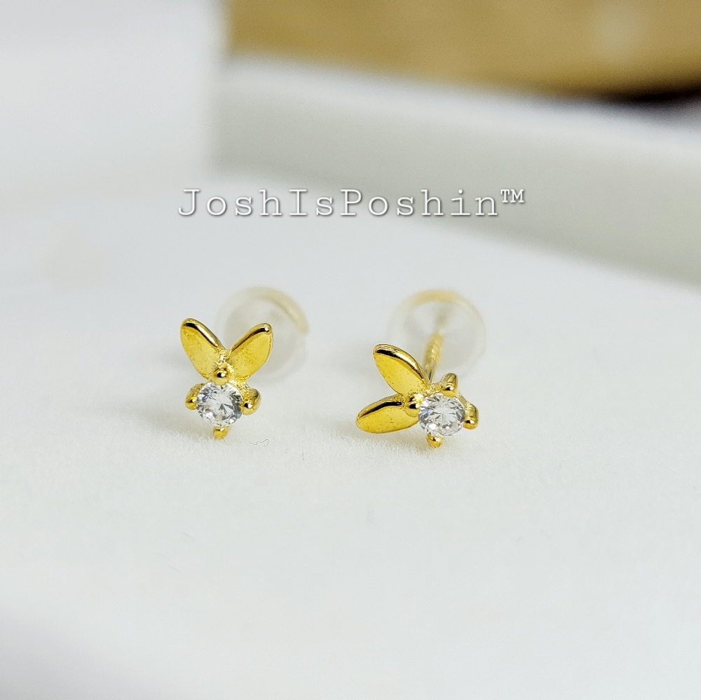 24K gold over sterling silver dainty rabbit diamond stud earrings